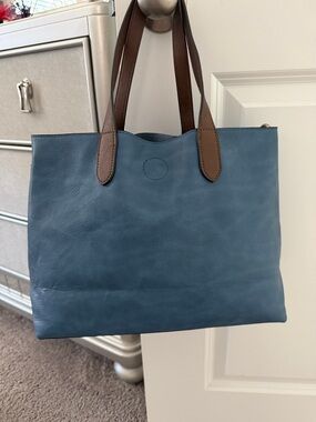 Classic Blue Leather Tote with Brown Straps